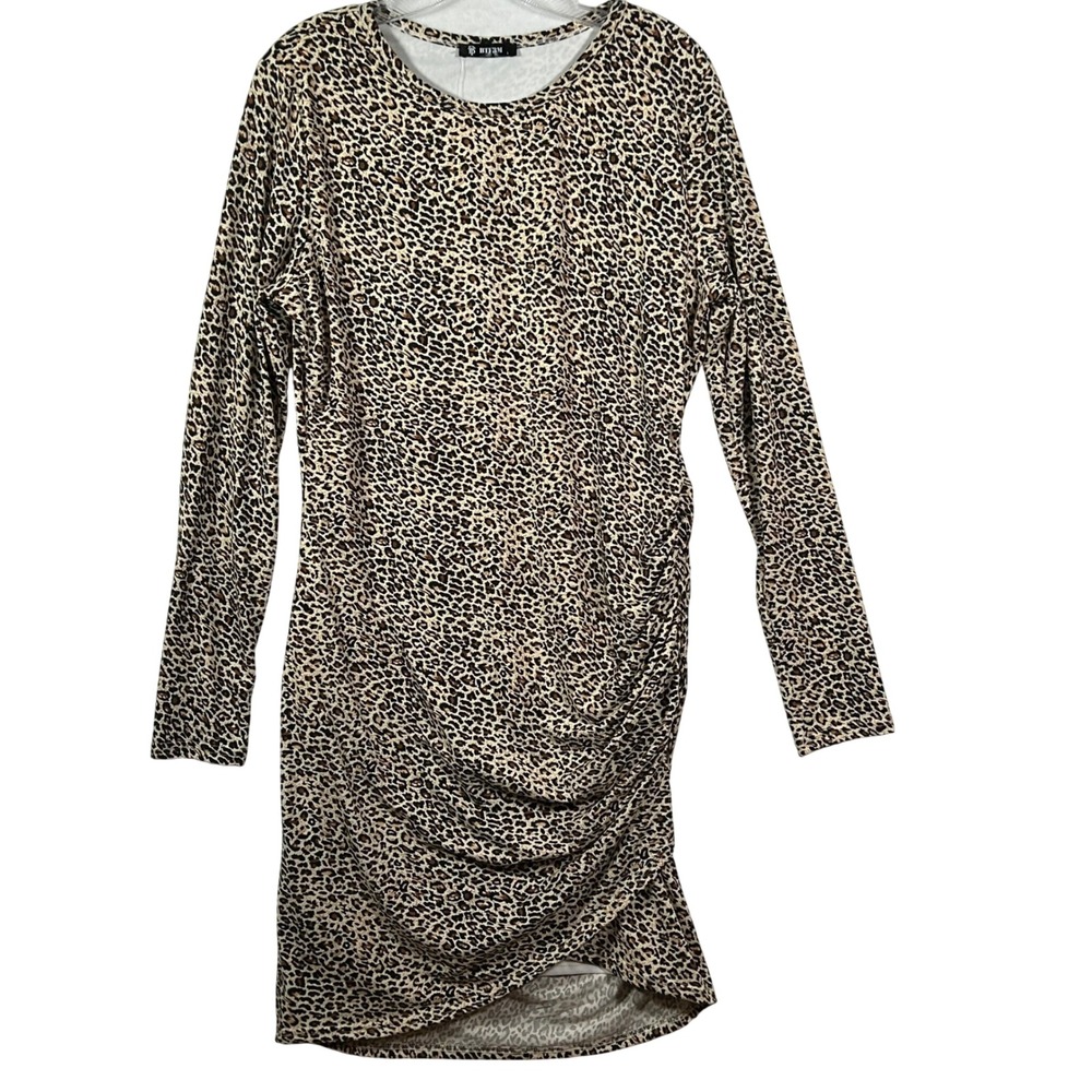 BTFBM Leopard Print Long Sleeve Ruched Bodycon Dress Tan Brown Large NEW